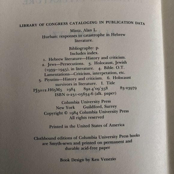 Hurban: Responses to Catastrophe in Hebrew Literature Hardcover by Alan Mintz - Picture 10 of 16